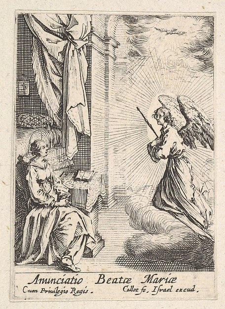 Jacques Callot:Annunciation with angel approaching the seated Mary from the left and the dove of the Holy Spirit above c1633–34, vintage artwork, 16x12"(A3) Poster Print