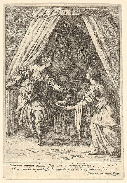 Jacques Callot:Judith placing the head of Holofernes on a tray held by an attendant with the body of Holofernes on a canopied bed c1621–35, vintage artwork, 16x12"(A3) Poster Print