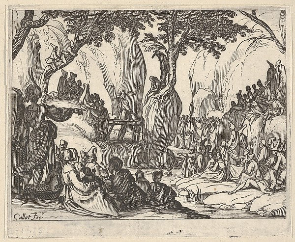 Jacques Callot:Saint John Preaching in the Desert  with arm upraised surrounded by male and female figures in a rocky setting 1634–35, vintage artwork, 16x12"(A3) Poster Print