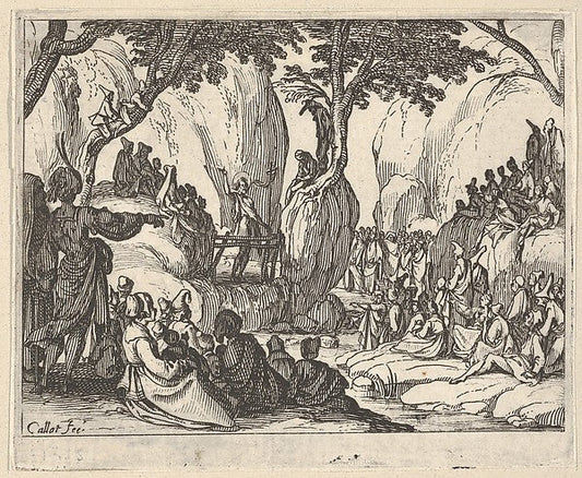 Jacques Callot:Saint John Preaching in the Desert  with arm upraised surrounded by male and female figures in a rocky setting 1634–35, vintage artwork, 16x12"(A3) Poster Print