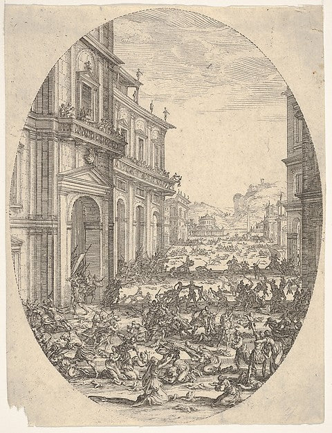 Jacques Callot:The Massacre of the Innocents with architectural facades at left and right an oval composition 17th century, vintage artwork, 16x12"(A3) Poster Print