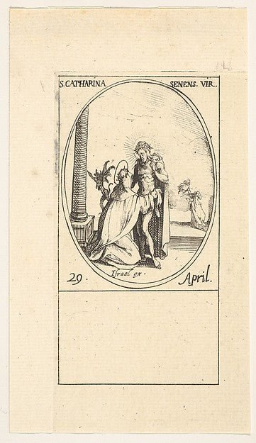 Jacques Callot:Vision of Saint Catherine an oval composition from the series 'Les images de tous les saints et saintes de l'année' 1632–35, vintage artwork, 16x12"(A3) Poster Print