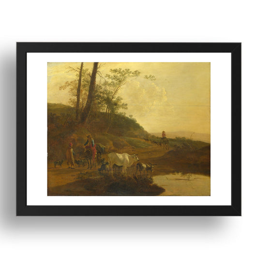 Jan Both: Men with an Ox and Cattle by a Pool, Poster in 17x13"(A3) Frame