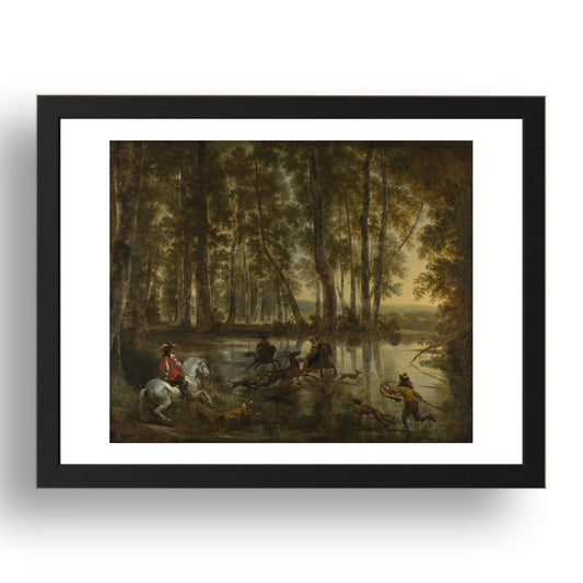 Jan Hackaert and Nicolaes Berchem: A Stag Hunt in a Forest, Poster in 17x13"(A3) Frame