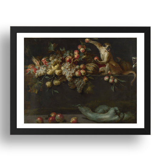 Jan Roos: Still Life of Fruit and Vegetables with Two Monkeys, Poster in 17x13"(A3) Frame