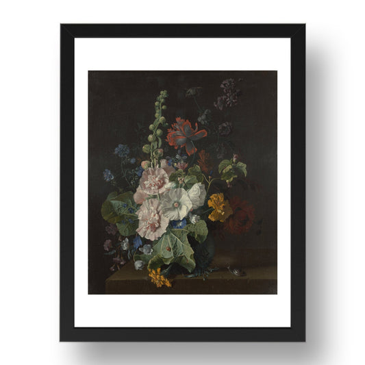 Jan van Huysum: Hollyhocks and Other Flowers in a Vase, Poster in 17x13"(A3) Frame