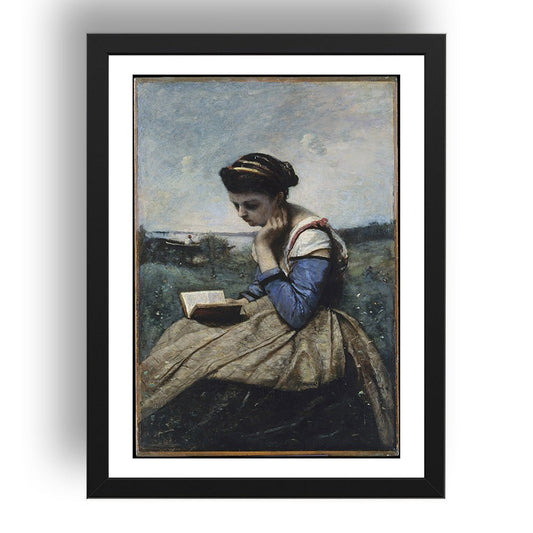 Jean-Baptiste-Camille Corot - Femme Lisant (Girl Reading Book) [1869], vintage artwork in A3 (17x13") Black Frame