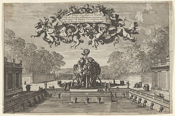 Jean Le Pautre , Pierre Mariette le fils:View of a Garden with a Water Basin and Large Fountain Title Page from: Grottes et fontaines de jardins à l'italienne 17th century, vintage artwork, 16x12"(A3) Poster Print