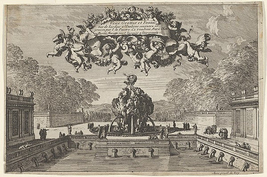Jean Le Pautre , Pierre Mariette le fils:View of a Garden with a Water Basin and Large Fountain Title Page from: Grottes et fontaines de jardins à l'italienne 17th century, vintage artwork, 16x12"(A3) Poster Print