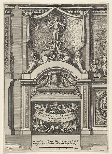 Jean Le Pautre:Design for a Fireplace Surmounted by Sphyxes and Cupid Title Page from: Nouveaux dessins de cheminées à l'italienne c1640–82, vintage artwork, 16x12"(A3) Poster Print