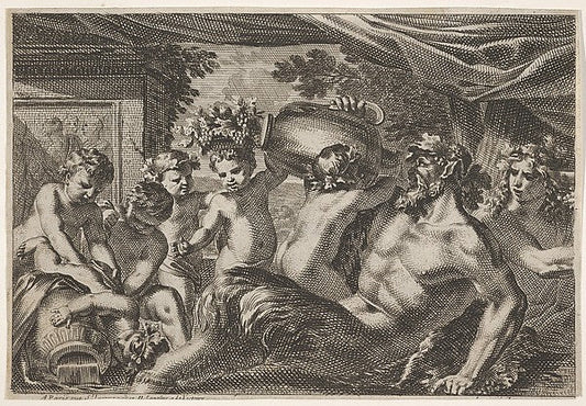Jean Le Pautre:Design for a Panel with a Satyr Drinking from a Vase held up by a Putti from: Feuillages et autres ornements c1640–82, vintage artwork, 16x12"(A3) Poster Print