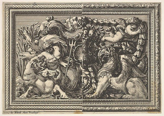 Jean Le Pautre:Design for a Panel with Two Variants containing a Hippocamp and a Griffin from: Ornements de panneaux à la romaine 1651, vintage artwork, 16x12"(A3) Poster Print