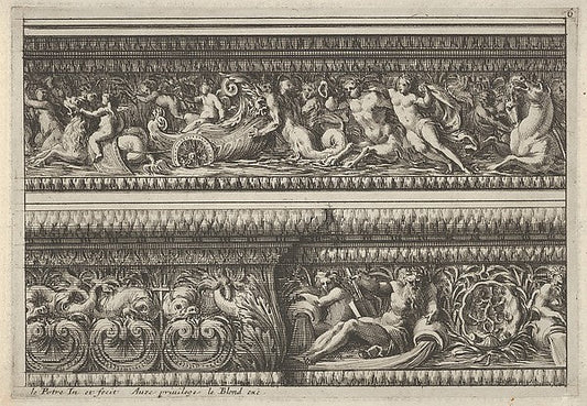 Jean Le Pautre:Two decorates Frieze Designs for Cornices from: Frise pour les architraves corniches et autres ornaments d'architecture before 1666, vintage artwork, 16x12"(A3) Poster Print