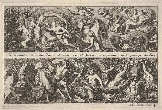 Jean Le Pautre:Two Designs for Frieze Decorations with Sea Creatures of which one with Neptune and Amphitrite from: Frises feuillages ou tritons marins antiques et modernes c1640–82, vintage artwork, 16x12"(A3) Poster Print