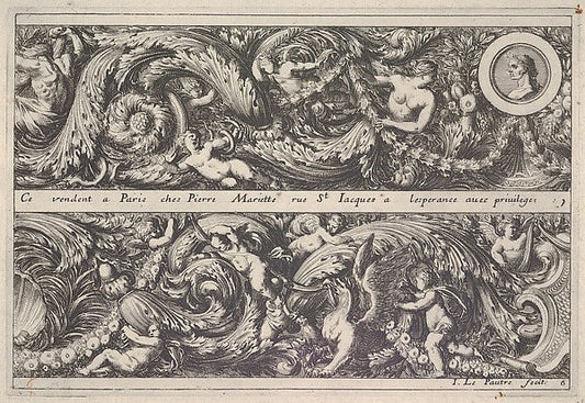 Jean Le Pautre:Two Designs for Friezes of which one with a Round Portrait Medaillon from: Frises feuillages ou tritons marins antiques et modernes c1640–82, vintage artwork, 16x12"(A3) Poster Print