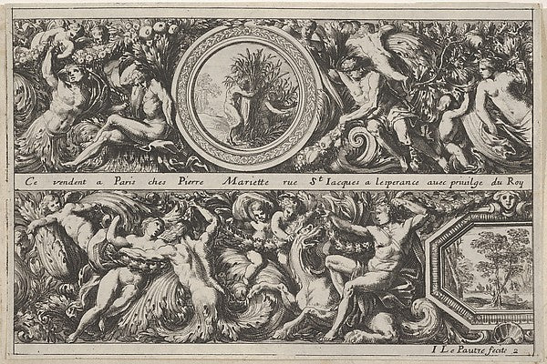 Jean Le Pautre:Two Designs for Friezes with Medallions from: Frises feuillages ou tritons marins antiques et modernes c1640–82, vintage artwork, 16x12"(A3) Poster Print