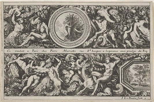 Jean Le Pautre:Two Designs for Friezes with Medallions from: Frises feuillages ou tritons marins antiques et modernes c1640–82, vintage artwork, 16x12"(A3) Poster Print
