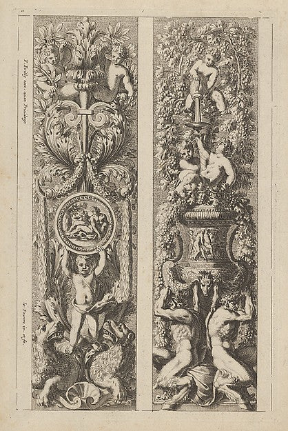 Jean Le Pautre:Two Designs for Panels with Candelabra Decorations from: Montants d'ornement c1640–82, vintage artwork, 16x12"(A3) Poster Print