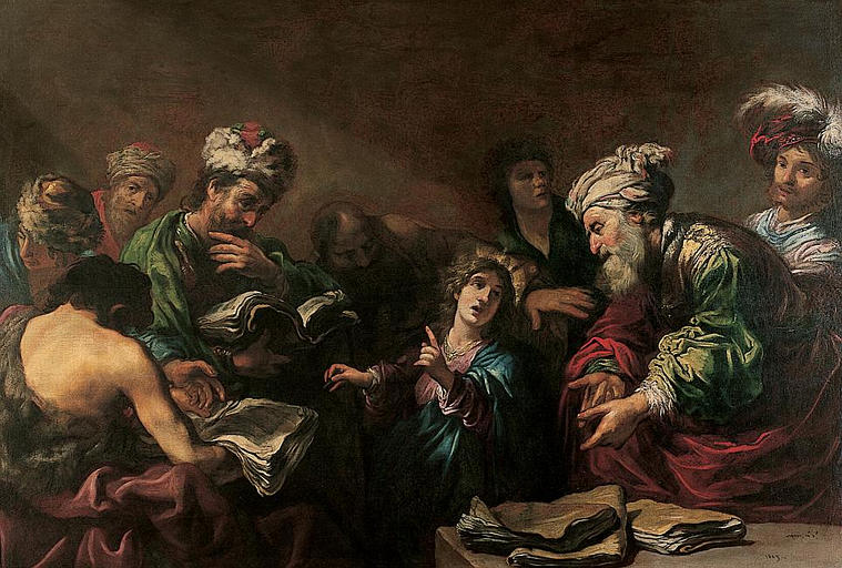 Jesus Among the Doctors, vintage artwork by Claude Vignon, 12x8" (A4) Poster