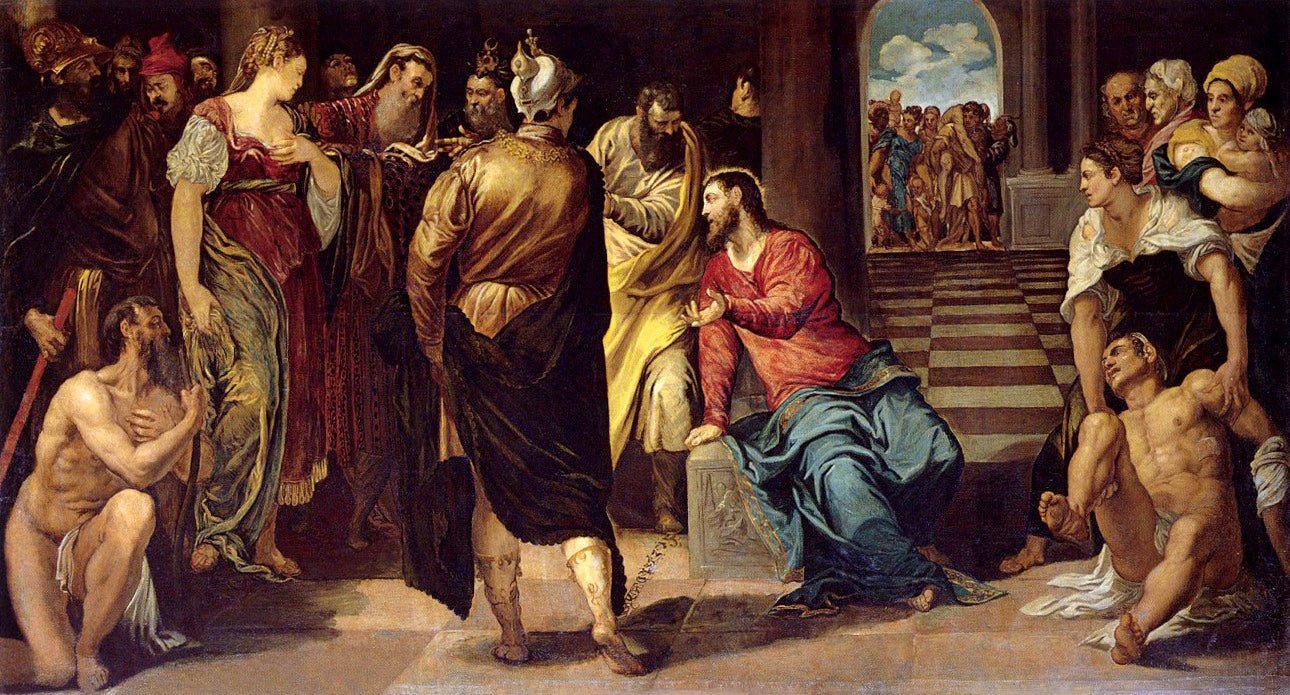 Jesus and the woman taken in adultery, vintage artwork by Tintoretto, A3 (16x12") Poster Print