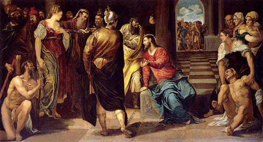 Jesus and the woman taken in adultery, vintage artwork by Tintoretto, A3 (16x12") Poster Print