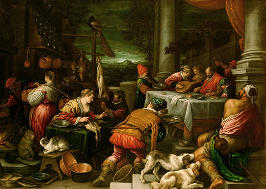 Jesus Driving the Merchants from the Temple, vintage artwork by Leandro Bassano, 12x8" (A4) Poster