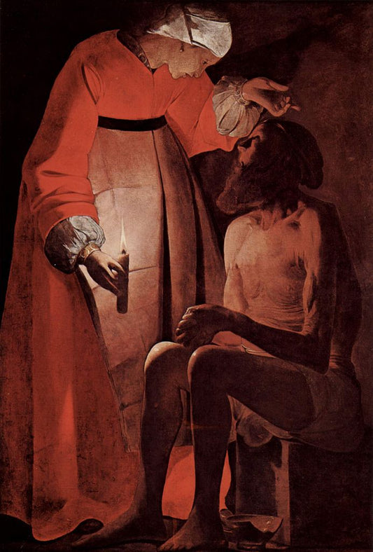 Job Mocked by  His Wife, vintage artwork by Georges de La Tour, 12x8" (A4) Poster