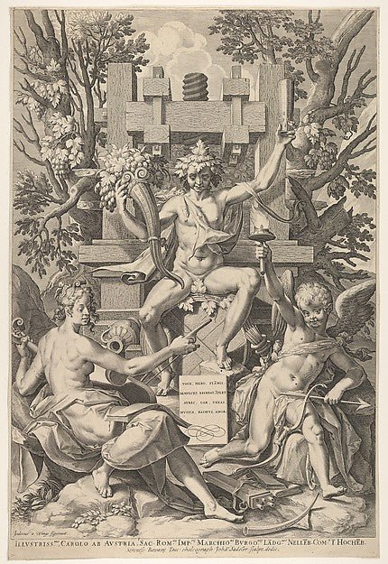 Johann Sadeler I:Bacchus Music Amor 16th century, vintage artwork, 16x12"(A3) Poster Print