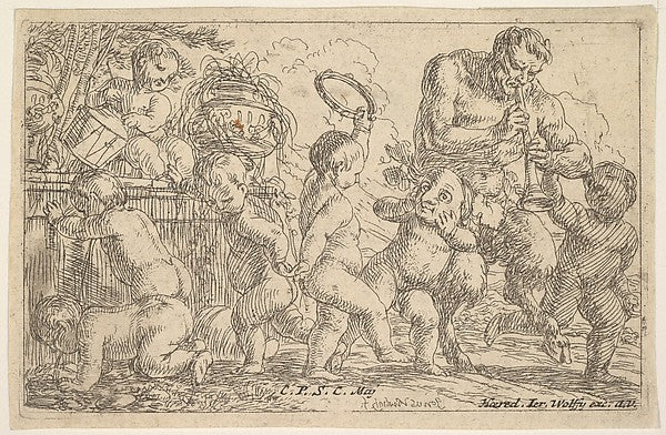 Jonas Umbach:Satyr playing a pipe beside a putti holding a mask surrounded by putti climbing over a low wall and dancing with musical instruments c1645–93, vintage artwork, 16x12"(A3) Poster Print