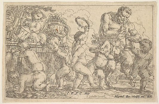 Jonas Umbach:Satyr playing a pipe beside a putti holding a mask surrounded by putti climbing over a low wall and dancing with musical instruments c1645–93, vintage artwork, 16x12"(A3) Poster Print