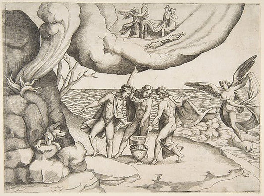 Jupiter  Neptune and Pluto dividing the universe 1531–76-Giuli, vintage art, A3 (16x12") Poster Print