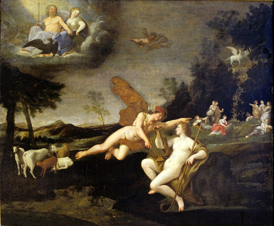 Jupiter Sends Mercury to Call Apollo, vintage artwork by Francesco Albani, 12x8" (A4) Poster