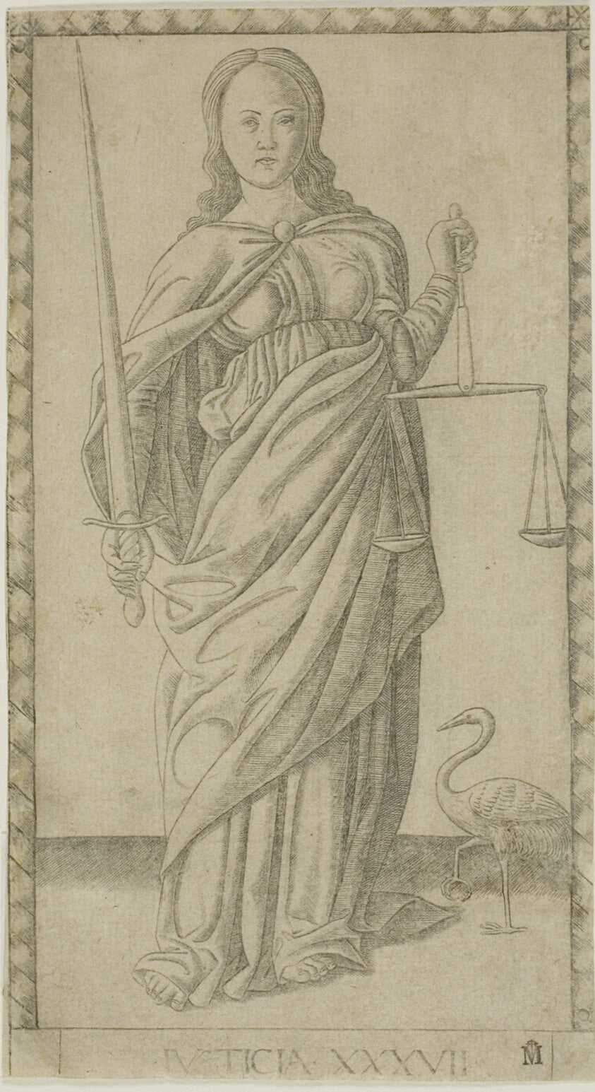 Justice, plate 37 from Genii and Virtues by  Master of the E-Series Tarocchi, 23x16"( A2 size) Poster Print