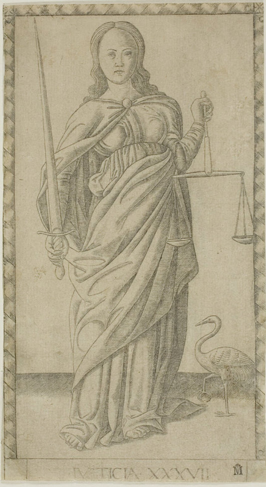 Justice, plate 37 from Genii and Virtues by  Master of the E-Series Tarocchi, 23x16"( A2 size) Poster Print