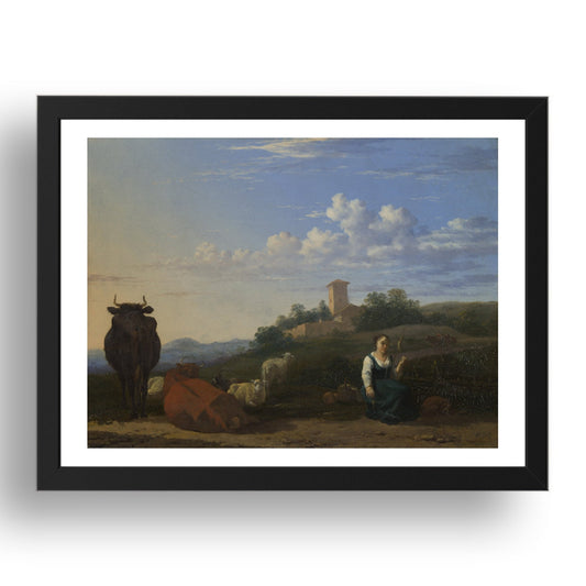 Karel Dujardin: A Woman with Cattle and Sheep in an Italian Landscape, Poster in 17x13"(A3) Frame