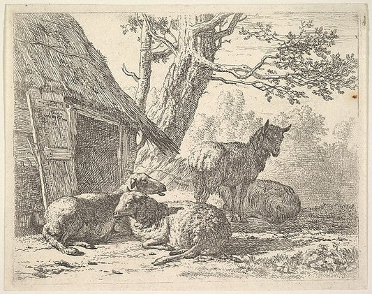 Karel Dujardin:Four sheep one sheep stands among three others lying on the ground next to a shed with thatched roof and open door 1658, vintage artwork, 16x12"(A3) Poster Print