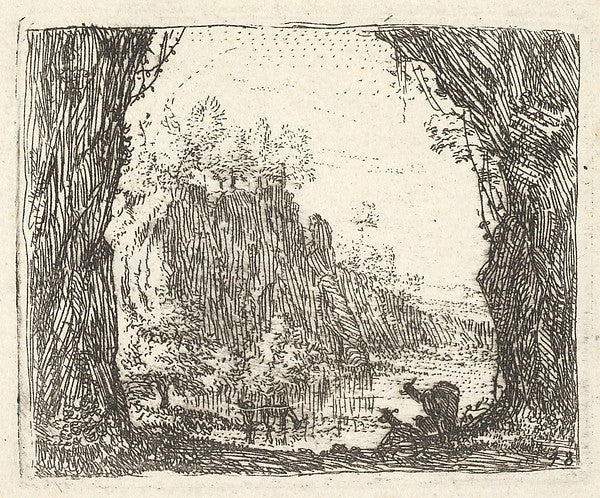 Karel Dujardin:Landscape flanked by trees in the left and right foreground silhouettes of two goats a river with cliffs beyond from 'The Small Landscapes' c1641–78, vintage artwork, 16x12"(A3) Poster Print