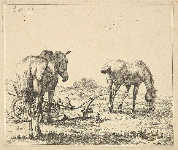 Karel Dujardin:Les deux chevaux près de la charrue 1657, vintage artwork, 16x12"(A3) Poster Print