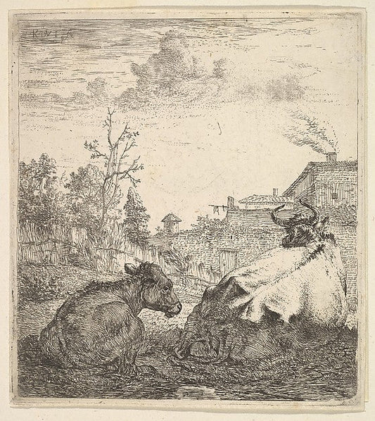 Karel Dujardin:The Cow and the Calf 17th century, vintage artwork, 16x12"(A3) Poster Print