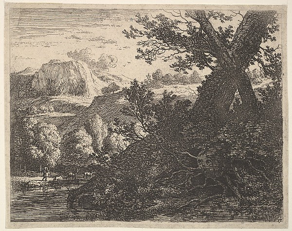 Karel Dujardin:Tree with roots laid bare alongside a stream a hilly landscape and a man walking behind quadrupeds beyond 1659, vintage artwork, 16x12"(A3) Poster Print