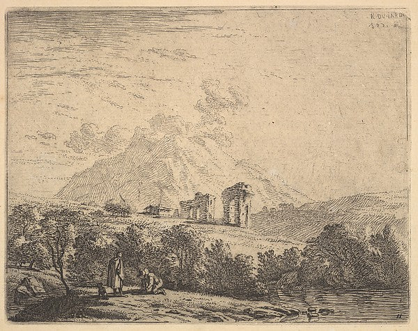 Karel Dujardin:View of hillside with ruins and mountain crag beyond in the foreground a man kneels on the grass beside a standing man and a dog 1658, vintage artwork, 16x12"(A3) Poster Print