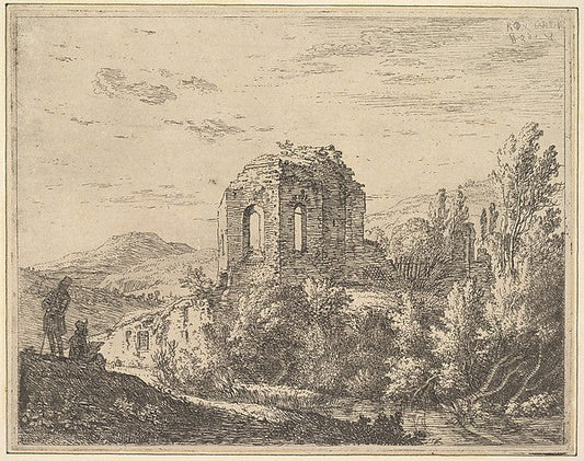 Karel Dujardin:View of ruins showing the corner of a building with two arched windows in a landscape with a stream in the foreground from a series of four plates showing ruins of a single building 1658, vintage artwork, 16x12"(A3) Poster Print