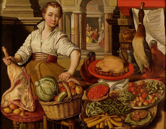 Kitchen Piece, with Jesus in the House of Martha and Mary, vintage artwork by Joachim Beuckelaer, A3 (16x12") Poster Print
