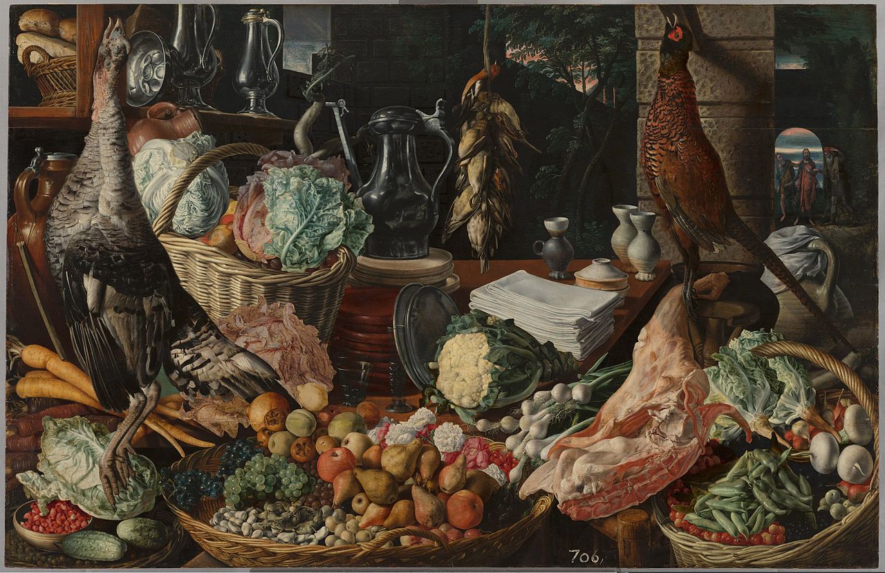 Kitchen Scene with Meeting on the Road to Emmaus, vintage artwork by Joachim Beuckelaer, A3 (16x12") Poster Print