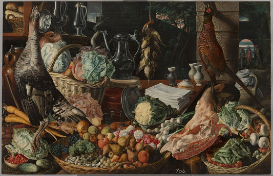Kitchen Scene with Meeting on the Road to Emmaus, vintage artwork by Joachim Beuckelaer, A3 (16x12") Poster Print