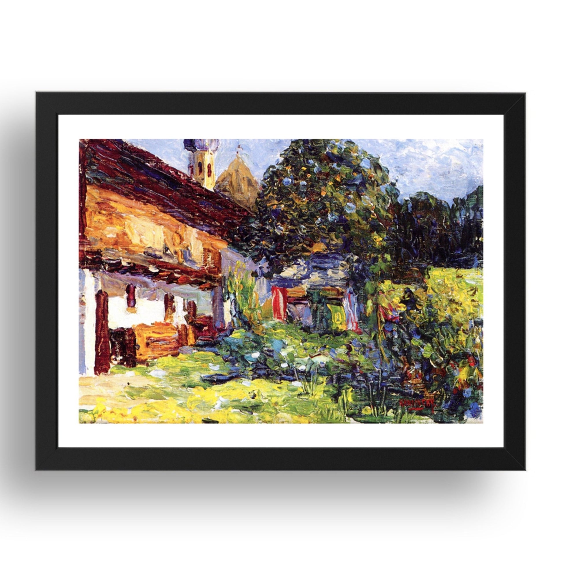 Kochel Farmhouse with Church 1902 by Wassily Kandinsky, 17x13" Frame