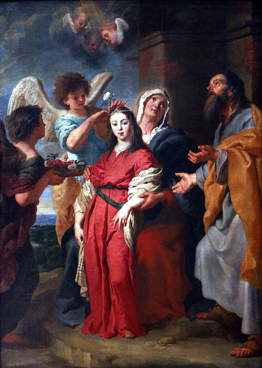 La Vierge adolescente paree par des anges en presence de Joachim et de sainte Anne, vintage artwork by Gaspard de Crayer, 12x8" (A4) Poster