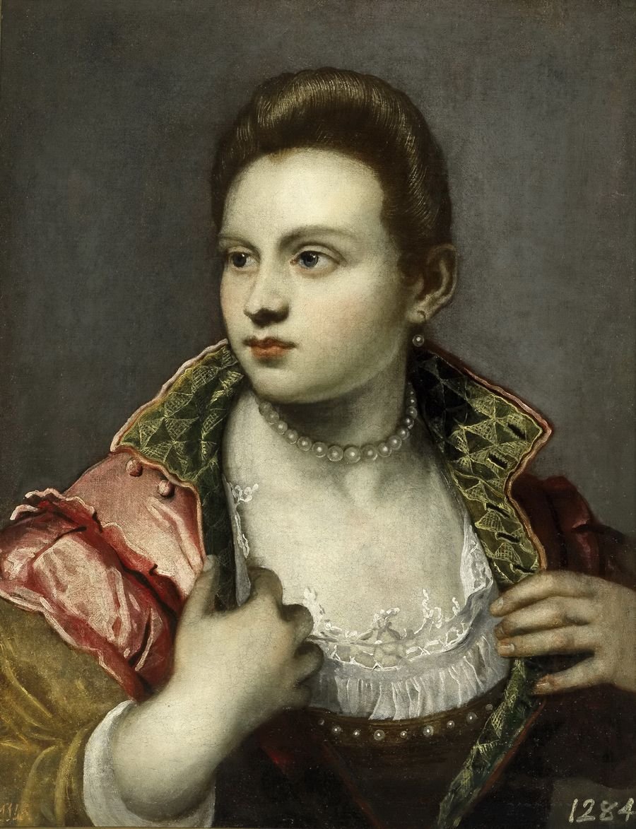 Lady covering her breast, vintage artwork by Domenico Tintoretto, A3 (16x12") Poster Print