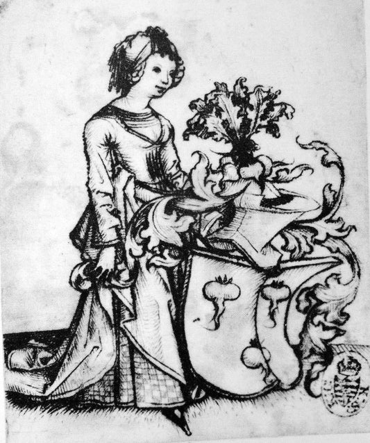 Lady with radishes in her escutcheon, vintage artwork by Master of the Housebook, A3 (16x12") Poster Print