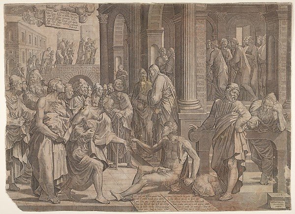 Lambert Suavius:Saint John and Saint Peter Healing the Cripple 1553, vintage artwork, 16x12"(A3) Poster Print